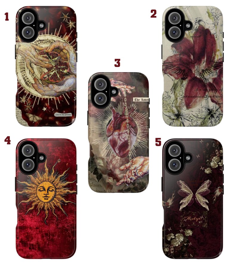 May include: A collection of five phone cases with unique designs. The cases feature various artistic illustrations, including a sun face, a heart, a butterfly, and floral patterns. The color palette includes shades of red, gold, and brown.