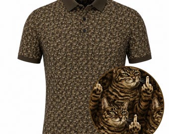 Funny Middle Finger Cat Golf Polo Shirt, Tabby Cat All Over Print Polo,Sarcastic Cat Lover Golf Shirt, Polyester Performance Unisex Golf Top