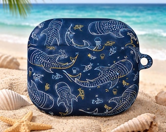 Whale Shark Coral Reef AirPods Case: Hand-Designed Protective Cover; Beige Blue Shockproof Durable case for Airpods Gen 1 2 3 4 Gift For Her