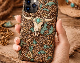 2D PRINT Long Horn Bull Skull Western Cowgirl Floral Phone Case, Turquoise Tooled Leather Print Style Cover for Iphone 17 16 15 14 13 Pro