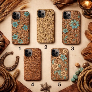Western Floral Engraved Print iPhone Case, Vintage Cowboy Aesthetic Case, Turquoise Brown Leather Style Cover,Rustic Country Protective Case