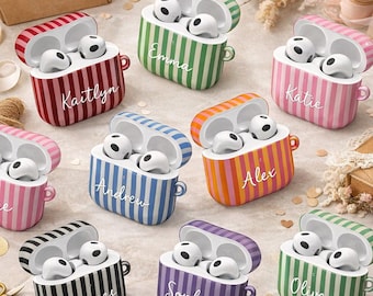 Custom Name Monogram Letter Striped Airpods Case Airpods 4 Case Modern Design Accessory Gifts For Teen Girls Preppy Style Wireless Holder