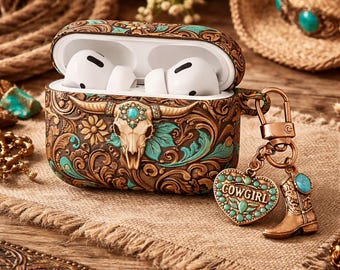 Long Horn Bull Skull Western Cowgirl Floral AirPods Case, Turquoise Tooled Leather Print Style Cover for AirPods Gen 1 2 3 4, Mexican Rustic