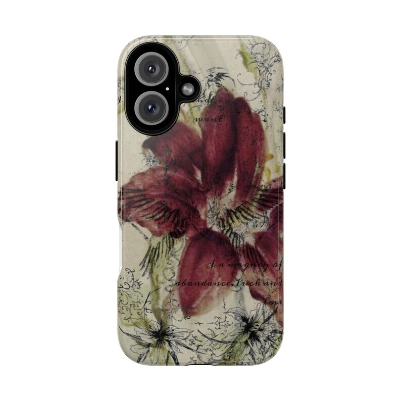 May include: A phone case featuring a watercolor floral design with a large, deep red flower as the focal point. The background is a cream color with delicate, black line art and script. The text reads "I am a progeny of abundance, rich and love."