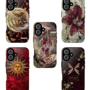 May include: A collection of five phone cases with unique designs. The cases feature illustrations of a sun, a heart, a flower, and hands holding objects. The color palette includes red, gold, and cream tones, with some cases displaying text.