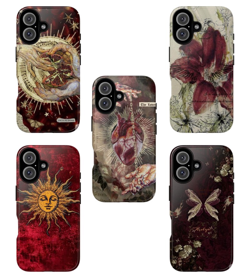 May include: A collection of five phone cases with unique designs. The cases feature illustrations of a sun, a heart, a flower, and hands holding objects. The color palette includes red, gold, and cream tones, with some cases displaying text.