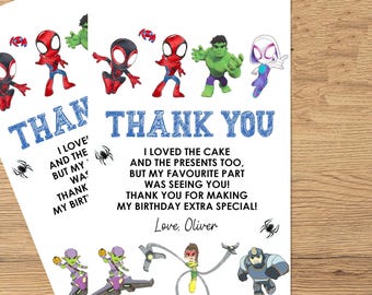 Spidey and Friends Thank You Cards, Personalized Party Favor Tags, Superhero Birthday Decorations, Kids Spidey Party Supplies, Set of 8