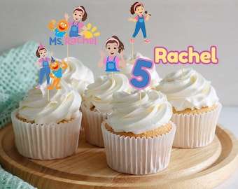 Adornos para cupcakes inspirados en la Sra. Rachel, decoración personalizada para fiestas de cumpleaños infantiles, palillos para pasteles con nombre personalizado para niños pequeños, tema de maestra cantante.