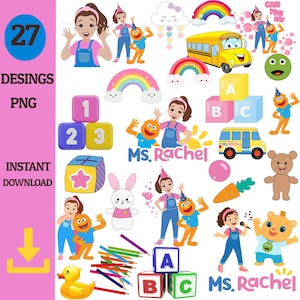 May include: A vibrant digital graphic set with rainbows, a school bus, alphabet blocks, and cartoon characters. The image includes the text "Ms. Rachel" and "Instant Download."