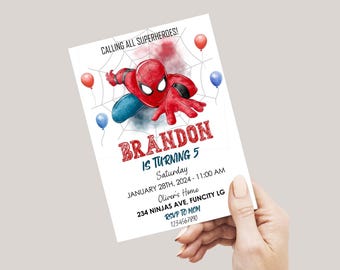 May include: A white invitation card featuring a red and blue Spider-Man graphic, balloons, and a spider web design. The text reads "BRANDON IS TURNING 5" and includes event details. The card is held by a hand.