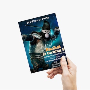 May include: A party invitation with the text "It's Time to Party" at the top. The invitation features a cartoon gorilla character holding a staff. The text "Rachel is turning 5" is displayed, along with event details.