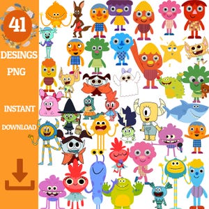 Op de afbeelding: Een verzameling van 41 kleurrijke cartoon monster ontwerpen in verschillende vormen en maten. De afbeelding bevat de tekst "DESIGNS PNG INSTANT DOWNLOAD" met een downloadpictogram. De monsters hebben verschillende uitdrukkingen en outfits.