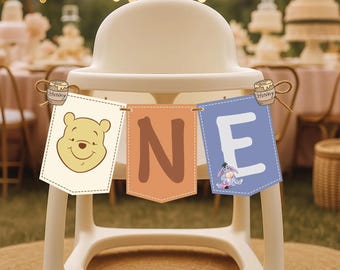 Banner de silla alta para el primer cumpleaños de Winnie the Pooh: Tema clásico de Pooh