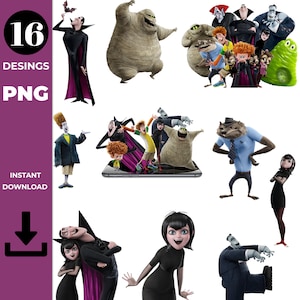 May include: A collection of 16 PNG images featuring characters from the animated movie Hotel Transylvania. The images include Dracula, a mummy, a werewolf, and other monsters. The images are available for instant download.