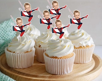 Adornos para cupcakes con cara de Spider-Man: decoraciones personalizadas para fiestas de cumpleaños de superhéroes - Palillos para tartas con foto