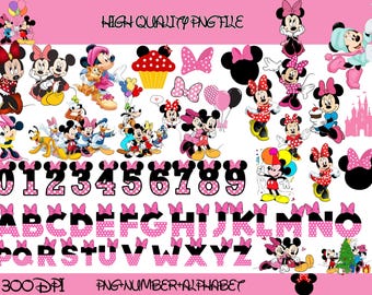 ミニーマウスPNGクリップアート、数字とアルファベットセット、ミニーマウスパーティーキット、子供の誕生日デコレーション、印刷可能なミニーグラフィック、デジタルダウンロード