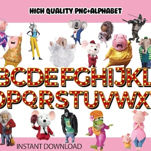 Könnte beinhalten: Eine digitale Grafik mit Charakteren aus dem Animationsfilm "Sing" und einem Alphabet im Zeltstil. Die Buchstaben sind rot umrandet mit gelben Glühbirnen. Das Bild enthält auch den Text "HIGH QUALITY PNG+ALPHABET", "300 DPI" und "INSTANT DOWNLOAD".
