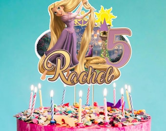 Adorno para pastel inspirado en Rapunzel de 18 cm (7 pulgadas) con nombre y edad personalizados, decoración para pastel de cumpleaños de princesa, adorno personalizado para fiesta de cuento de hadas para niñas.