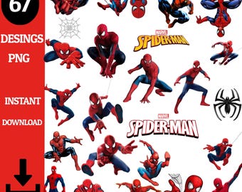May include: A collection of 67 Spider-Man PNG designs. The images feature Spider-Man in various action poses, with the Marvel Spider-Man logo and a spider web graphic. The text "INSTANT DOWNLOAD" is also included.