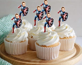 Adornos para cupcakes con caras personalizadas del Capitán América, decoraciones personalizadas para fiestas de superhéroes, palillos para cupcakes con foto