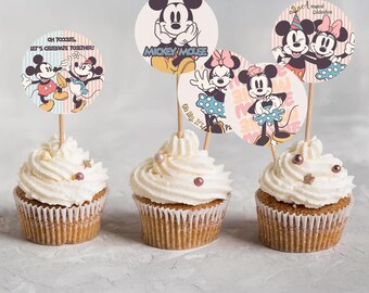 Mickey and Minnie Vintage Cupcake Toppers – 10 Count, 2" Disney Retro Party Picks