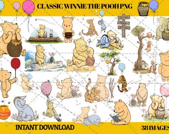 Paquete de imágenes prediseñadas vintage de Winnie the Pooh en formato PNG, arte clásico de osito de peluche para guardería, conjunto de imágenes prediseñadas para baby shower, gráficos de animales de cuentos, descarga instantánea.