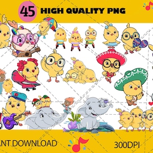 Puede incluir: Una colección de 45 imágenes PNG de alta calidad con pollitos de dibujos animados en varios atuendos y poses. Las imágenes incluyen pollitos con gafas, sombreros e instrumentos musicales, junto con elefantes y otros personajes. También se ven las palabras "DESCARGA INSTANTÁNEA" y "300DPI".