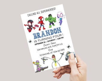 May include: A white invitation card with superhero illustrations and the text "CALLING ALL SUPERHEROES!" and "BRANDON IS TURNING FOUR!" The card includes party details: date, time, location, and RSVP information.