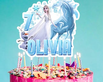 Adorno para pastel inspirado en Frozen con nombre y edad personalizados, decoración para fiesta de cumpleaños de princesa de hielo, adorno personalizado para pastel de princesa de invierno de 7 pulgadas.