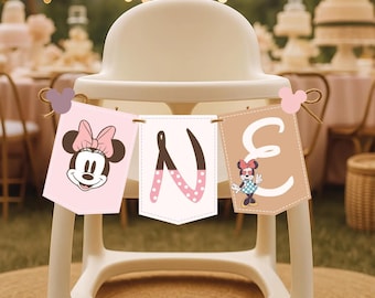 Minnie Mouse “ONE” Birthday High Chair Banner – Pink & Gold Disney 1st Birthday