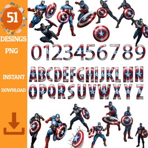 Può includere: Elementi di design digitale con personaggi di Captain America, scudi e un set completo di alfabeto e numeri. Le lettere e i numeri sono progettati con un motivo a scudo patriottico rosso, bianco e blu. Include il testo "51 DESIGNS PNG INSTANT DOWNLOAD".