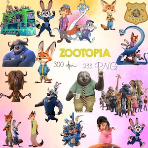Puede incluir: Ilustraciones de personajes de Zootopia, incluyendo a Judy Hopps, Nick Wilde y Flash. La imagen presenta varios personajes de la película animada, con el título "Zootopia" y detalles de resolución en el centro.