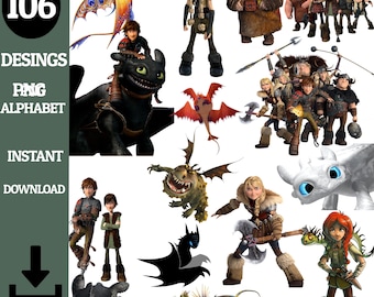 Paquete de imágenes prediseñadas de Cómo entrenar a tu dragón: 108 alfabetos PNG, adornos para tartas (archivo digital)