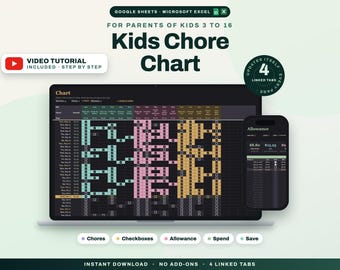 Kids Chore Chart with Allowance Tracker for Google Sheets and Excel, Chore Chart for Kids and Teens, Family Chore Chart, Spend Save Give