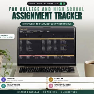 May include: A digital assignment tracker for college and high school displayed on a laptop screen. The interface features dark themes with organized columns for classes, due dates, and tasks. Text includes FOR COLLEGE AND HIGH SCHOOL ASSIGNMENT TRACKER.