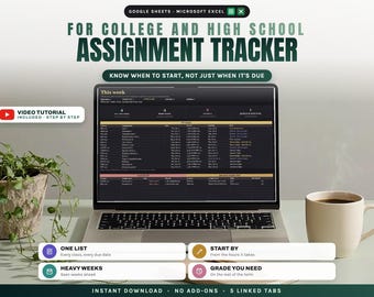 Assignment Tracker Spreadsheet Google Sheets Excel, Homework Tracker with Grade Calculator, Academic Planner for College and High School