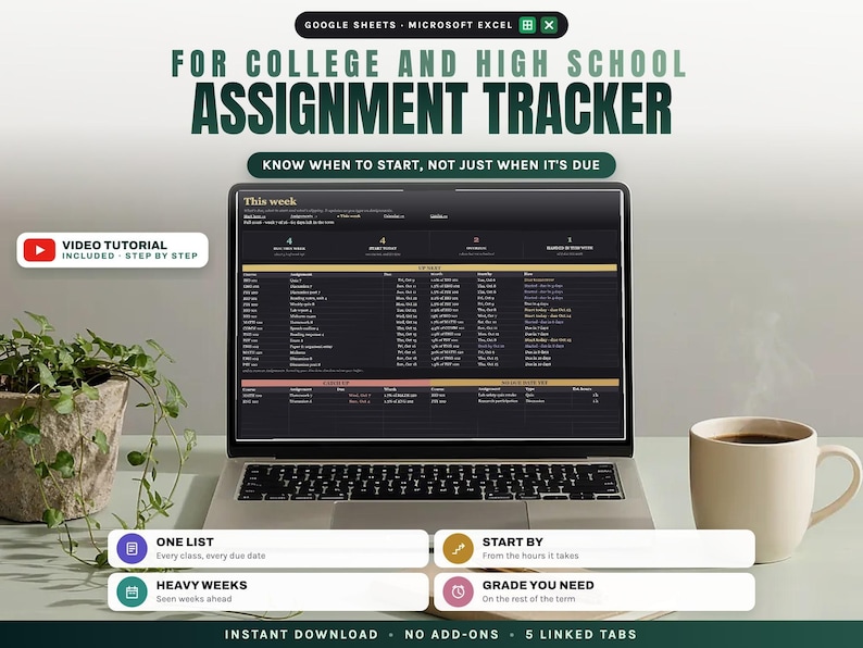 K&ouml;nnte beinhalten: Ein digitaler Aufgabenplaner f&uuml;r College und High School auf einem Laptop-Bildschirm. Die Benutzeroberfl&auml;che zeigt dunkle Designs mit organisierten Spalten f&uuml;r Kurse, F&auml;lligkeitstermine und Aufgaben. Text: FOR COLLEGE AND HIGH SCHOOL ASSIGNMENT TRACKER.