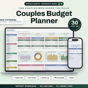 Op de afbeelding: Een digitale budgetplanner voor koppels voor Google Sheets en Microsoft Excel, weergegeven op een laptop- en smartphonescherm. De interface bevat financiële tabellen, staafdiagrammen en een cirkeldiagram. De tekst bevat "Couples Budget Planner", "Video Tutorial Included" en "30 Linked Tabs".