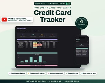 Credit Card Tracker Spreadsheet, Utilization, Due Dates, Annual Fees and Rewards, Google Sheets Excel