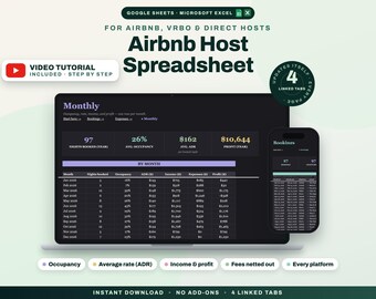 Airbnb Host Spreadsheet Google Sheets Excel, Vacation Rental Tracker for Bookings Income Expenses Occupancy ADR, Short Term Rental Planner