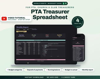 PTA Treasurer Spreadsheet for Church and Club, Budget vs Actual, Ledger and Monthly Report, Google Sheets Excel