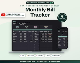 Monthly Bill Tracker for Google Sheets and Excel, Bills Spreadsheet with Due Date Calendar and Paid Checklist, Bill Organizer