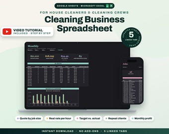 Cleaning Business Spreadsheet Google Sheets, Quote Calculator and Job Tracker for House Cleaners, Pricing Profit Hourly Rate