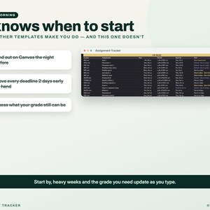K&ouml;nnte beinhalten: Eine digitale Vorlage zur Aufgabenverfolgung mit dem Text Every Morning It knows when to start. Sie zeigt Aufgaben mit rosa X-Symbolen und ein dunkel gestaltetes Tabellenfenster mit dem Titel Assignment Tracker mit Spalten f&uuml;r Kurs, Aufgabe, Datum, Gewichtung und Status.