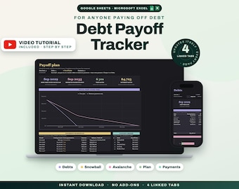 Debt Payoff Tracker for Google Sheets and Excel, Debt Snowball Spreadsheet, Avalanche Method, Credit Card and Loan Payoff Planner