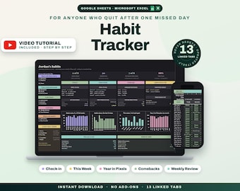 Habit Tracker Spreadsheet Google Sheets Excel Dark Mode Yearly Habit Planner Daily Weekly Habit Goals Routine Tracker Streak Tracker