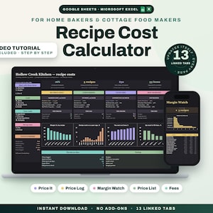 May include: A digital recipe cost calculator for Google Sheets and Microsoft Excel, displayed on a laptop and smartphone screen. The interface features dark-themed dashboards with colorful charts, data tables, and text including Recipe Cost Calculator, Hollow Creek Kitchen, and Margin Watch.