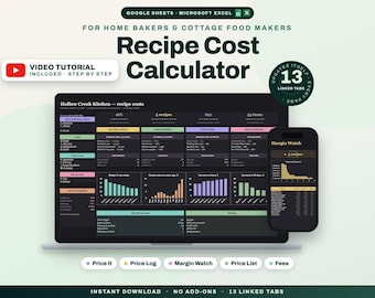 Recipe Cost Calculator Spreadsheet, Cake and Bakery Pricing Template, Food Cost and Profit Margin for Home Bakers, Google Sheets Excel