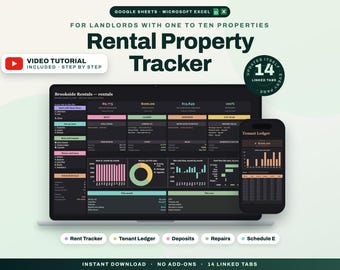 Rental Property Spreadsheet, Rental Property Tracker, Landlord Spreadsheet for Property Management, Tenant Ledger, Google Sheets Excel