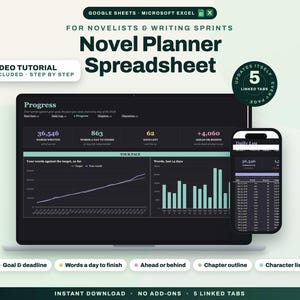 May include: A digital novel planner spreadsheet for Google Sheets and Microsoft Excel displayed on a laptop and smartphone screen. The interface features dark backgrounds with data visualizations, progress tracking, word counts, and five linked tabs.